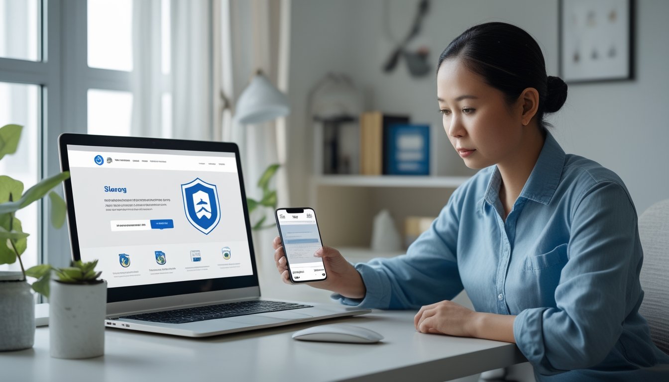 Seseorang memeriksa situs web melalui laptop sambil memegang ponsel di meja kerja.