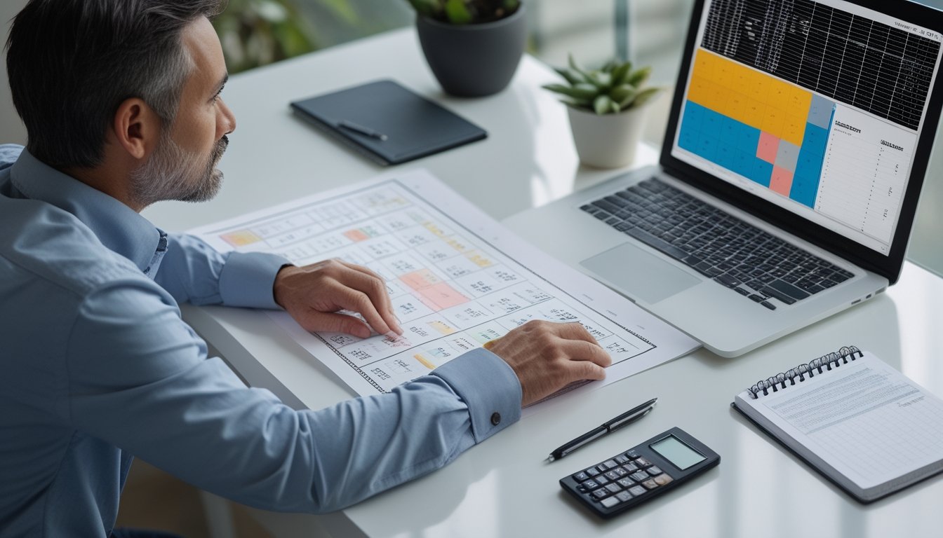 Seorang analis memeriksa tabel angka di meja sambil membandingkannya dengan visualisasi data di laptop.