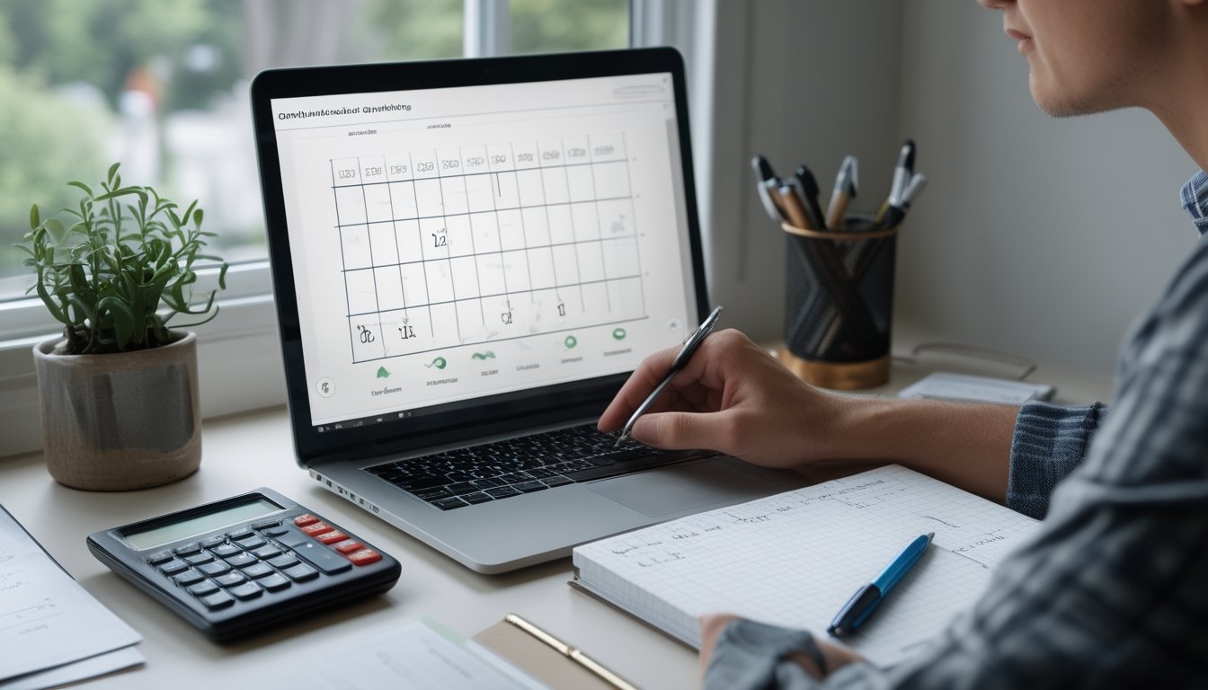 Seseorang meninjau angka dan grafik di laptop sambil menghitung dengan kalkulator.