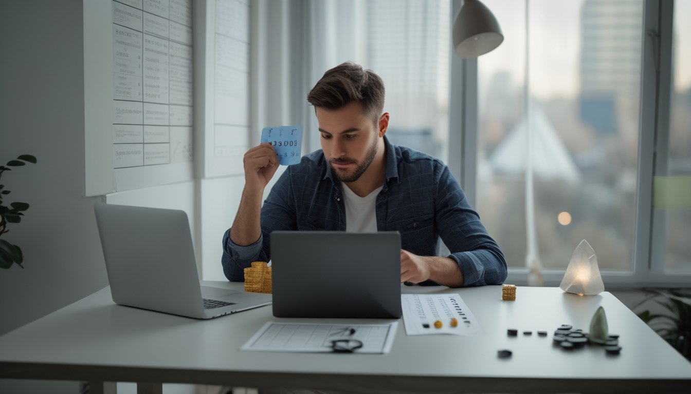Seorang pemain menimbang token angka di meja sambil melihat laptop, dengan kalkulator dan benda keberuntungan di dekatnya.