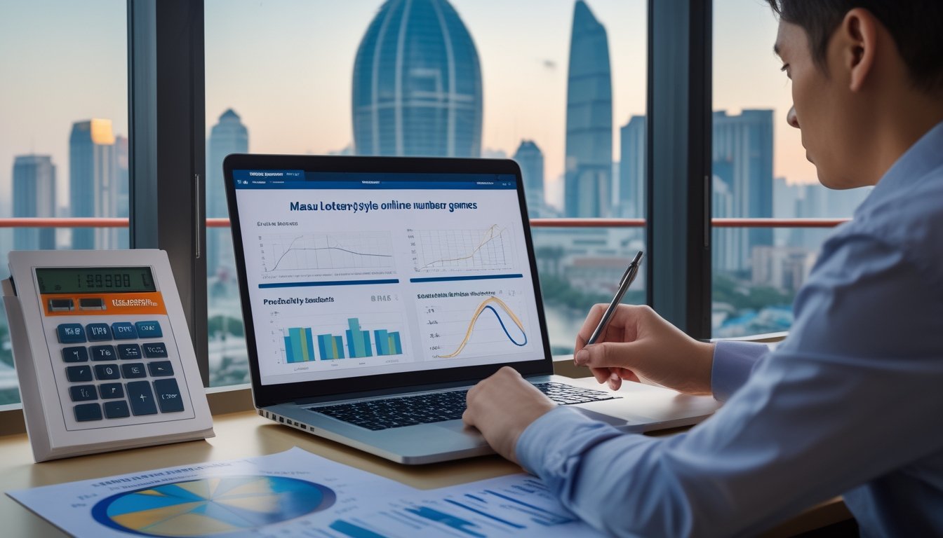 Seorang analis mempelajari grafik statistik di meja kerja dengan pemandangan kota Macau.