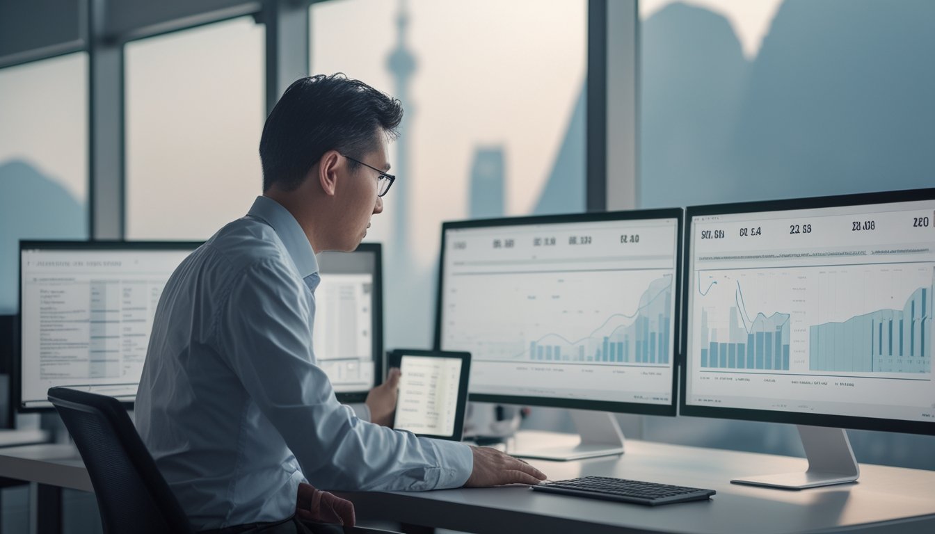 Seorang analis mengamati grafik data di ruang kerja dengan latar cakrawala Macau.