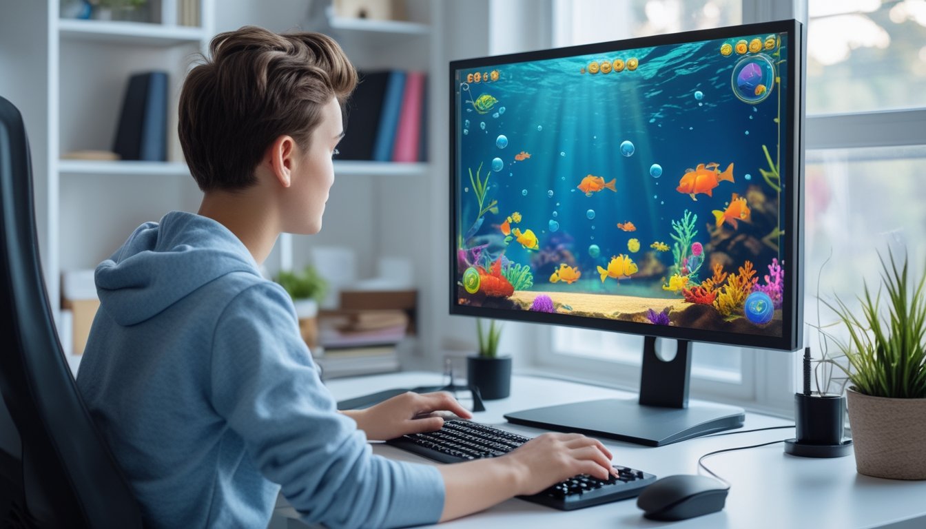 Seorang pemula memainkan game tembak ikan di komputer dengan tampilan bawah laut.