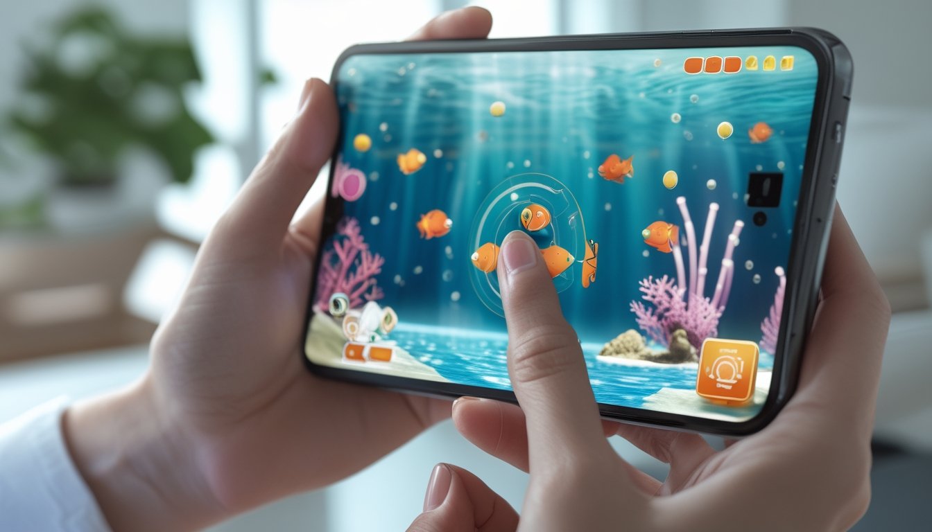 Seseorang memainkan game ikan berwarna-warni di ponsel.