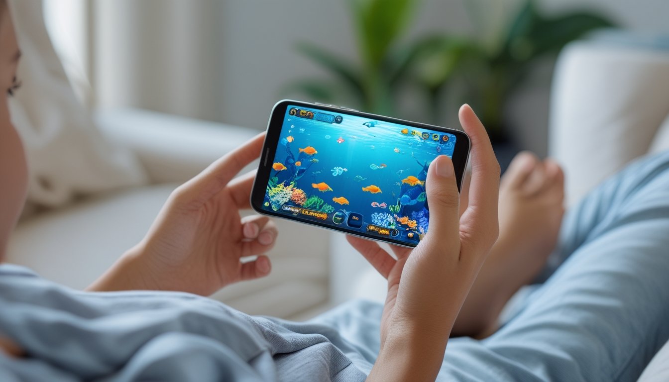 Seseorang memainkan game tembak ikan di ponsel.