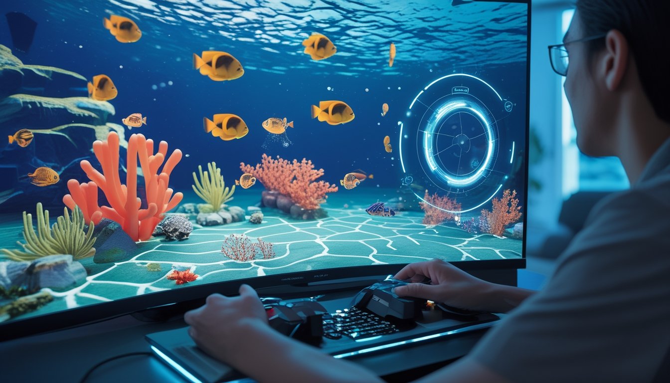 Seorang pemain menggunakan komputer untuk memainkan game menembak ikan dengan fitur bidikan otomatis.