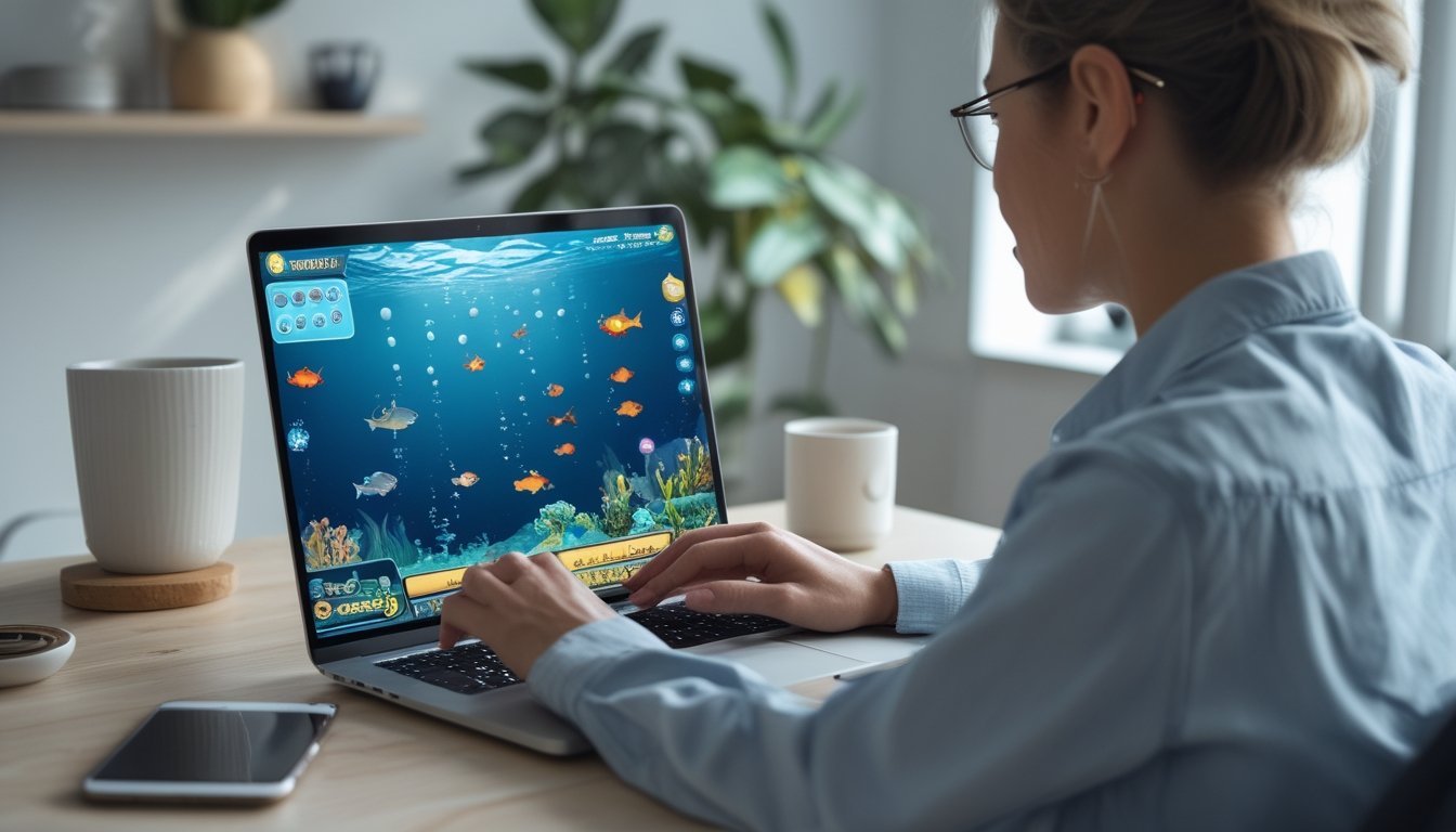 Seseorang membandingkan permainan tembak ikan di laptop dan ponsel.