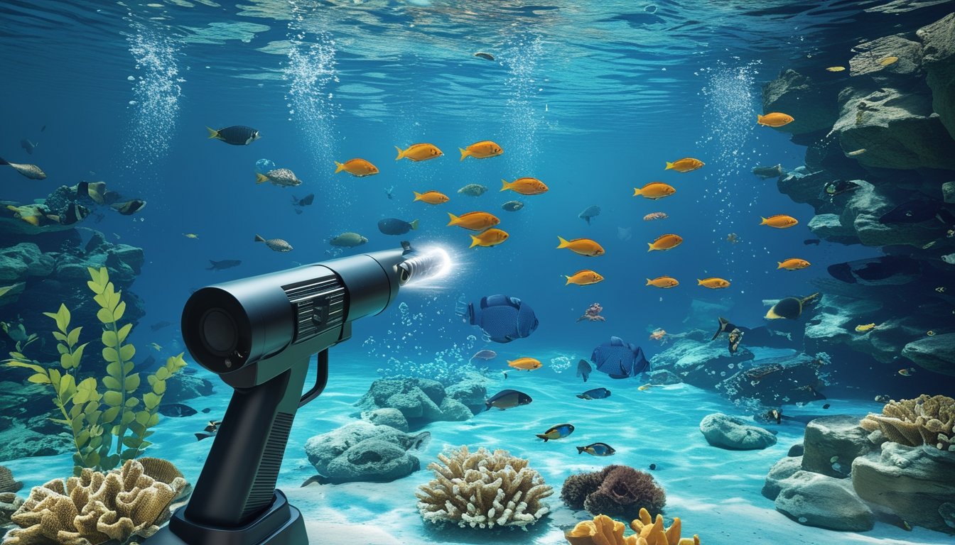 Kanon permainan mengarah ke sekumpulan ikan berwarna-warni di antara terumbu karang.