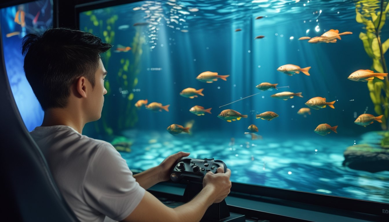Seorang pemain mengarahkan kontrol permainan ke layar berisi ikan di bawah laut.