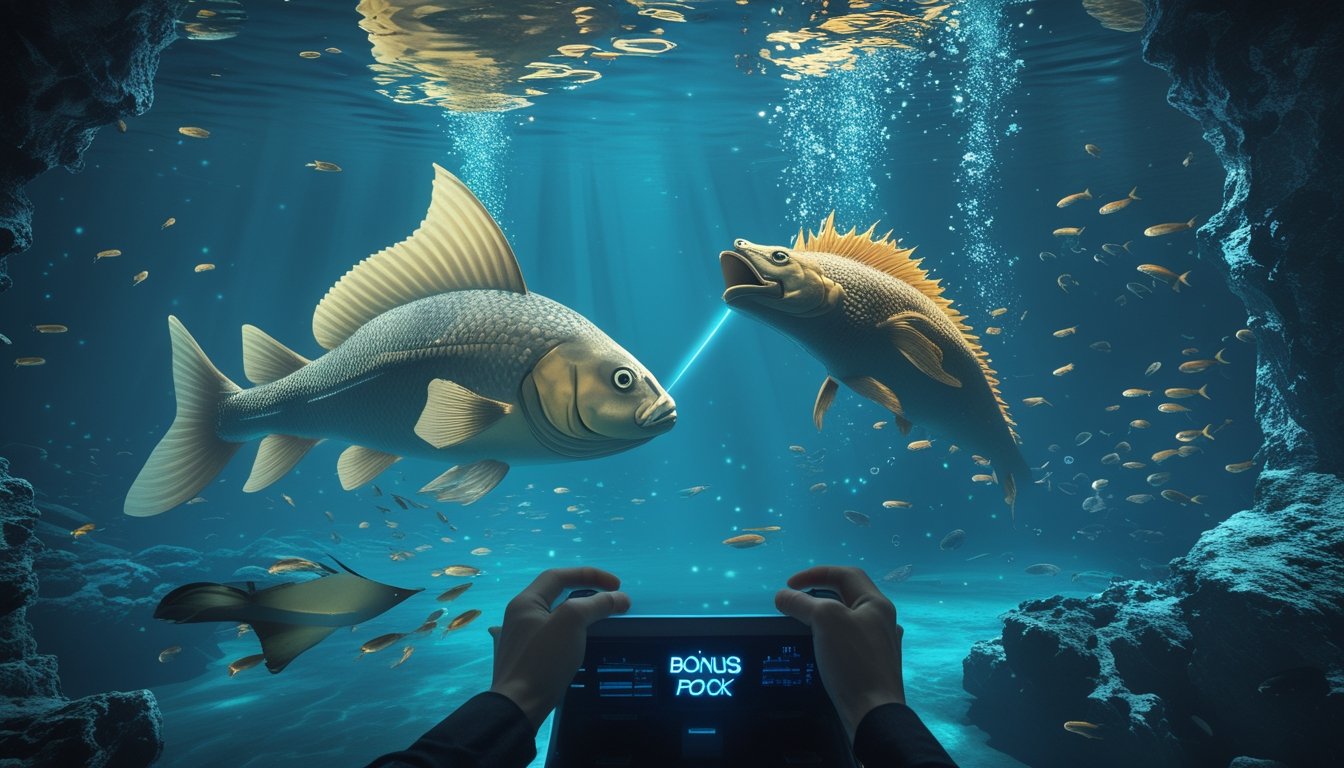 Pemain membidik ikan besar dan naga laut bercahaya di dalam permainan bawah laut.