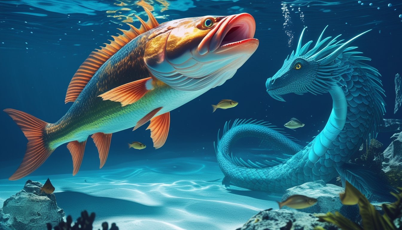 Ikan besar berenang di dekat naga laut di bawah laut.