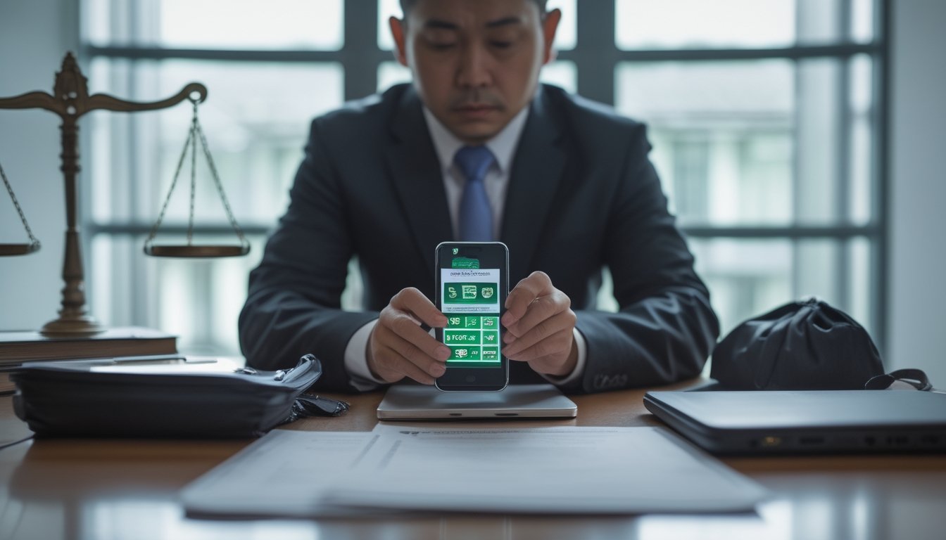 Seorang petugas hukum memeriksa ponsel dan dokumen terkait penyelidikan judi online.