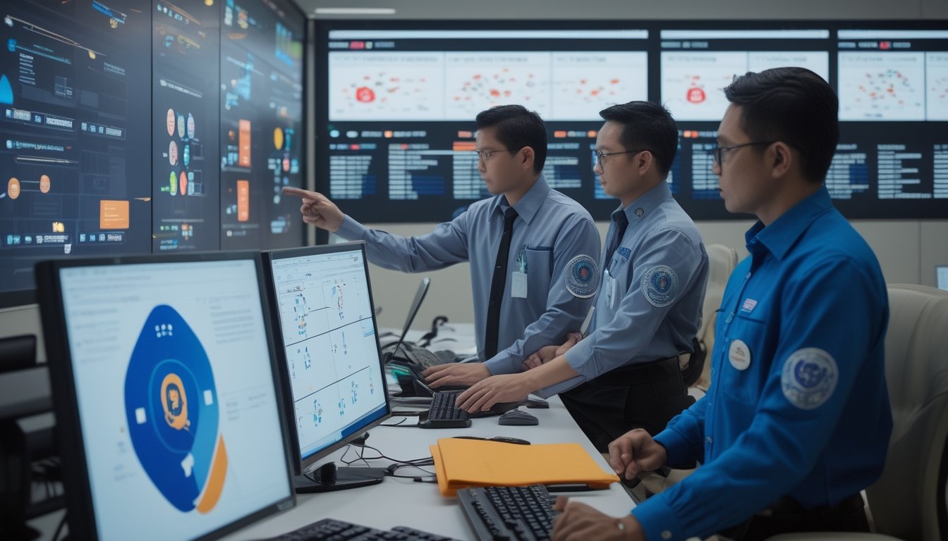 Tim pemerintah Indonesia bekerja memantau jaringan digital di pusat investigasi.