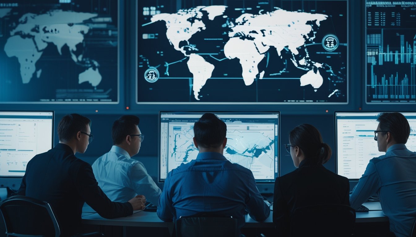 Analis keamanan siber memantau aliran transaksi digital di pusat operasi.