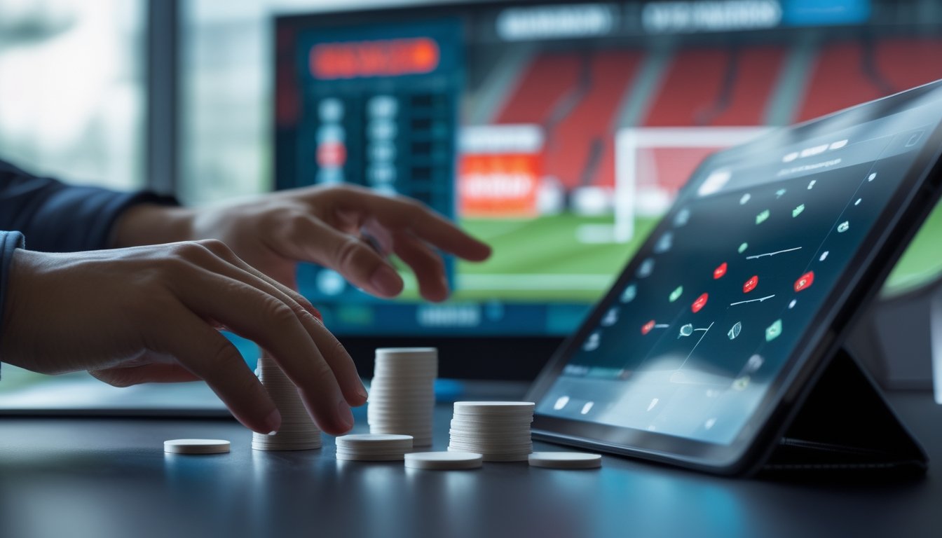 Seseorang mengamati pertandingan sepak bola dan grafik analisis di tablet.