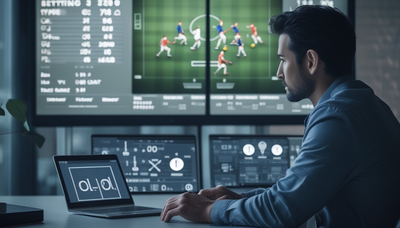 Seorang analis mengamati pertandingan sepak bola dan grafik perbandingan hasil.