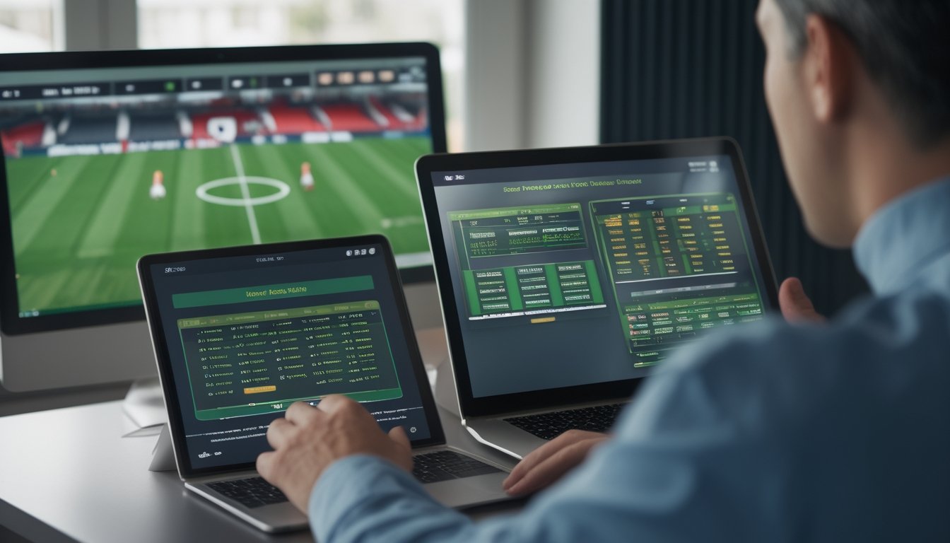 Seseorang membandingkan satu pilihan pertandingan sepak bola dengan gabungan beberapa pertandingan di perangkat digital.