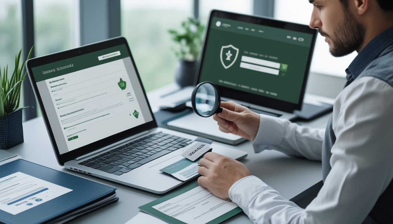 Seseorang memeriksa dokumen legalitas operator di meja dengan laptop dan ponsel.