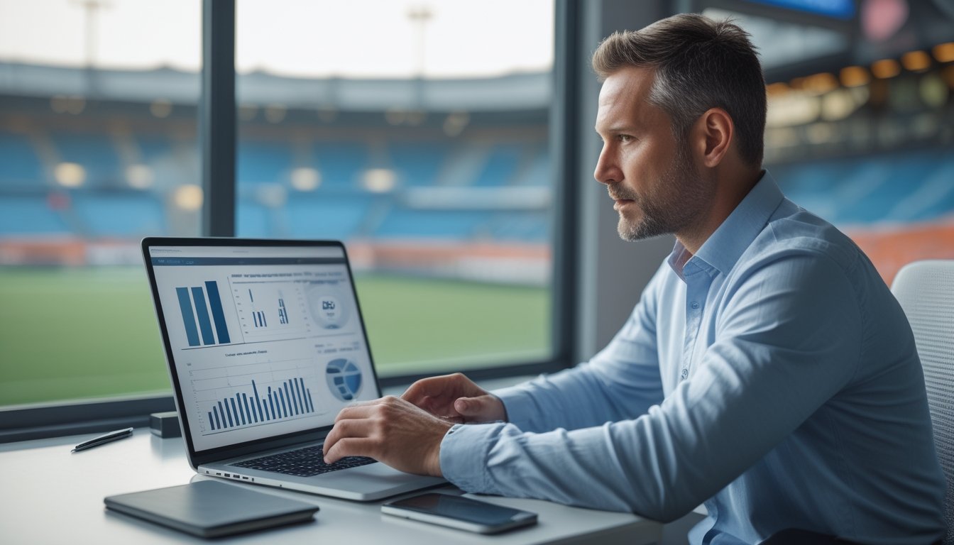 Seorang analis olahraga mempelajari grafik statistik tim di laptop.