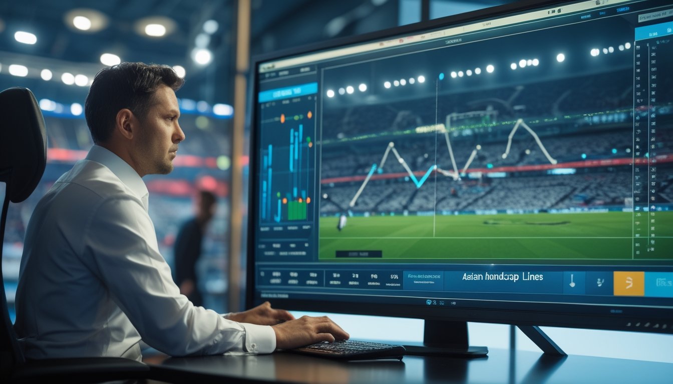 Seorang analis mengamati grafik pergerakan odds pertandingan sepak bola di depan layar.