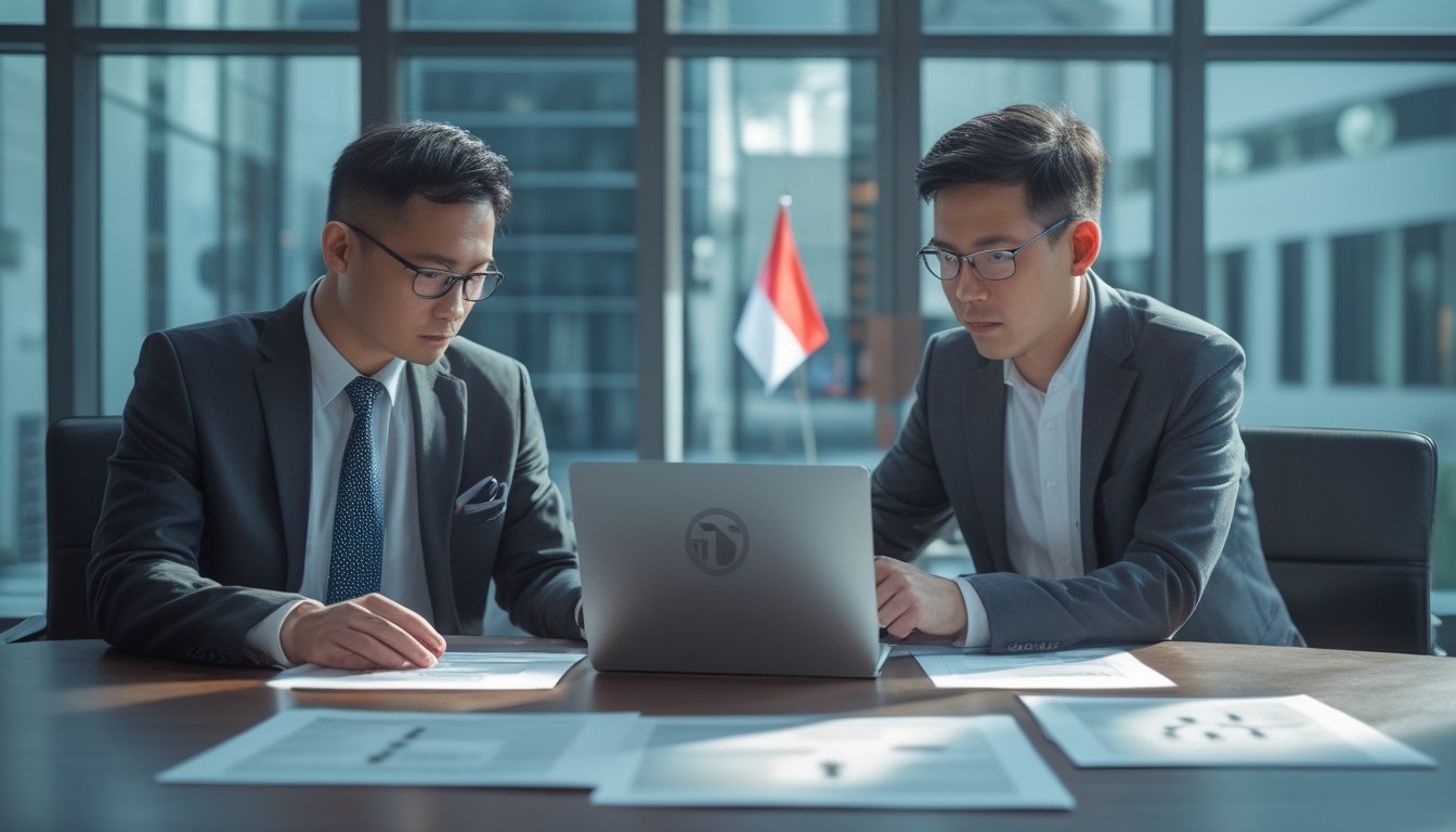 Petugas meninjau dokumen dan perangkat digital di kantor pemerintahan Indonesia.