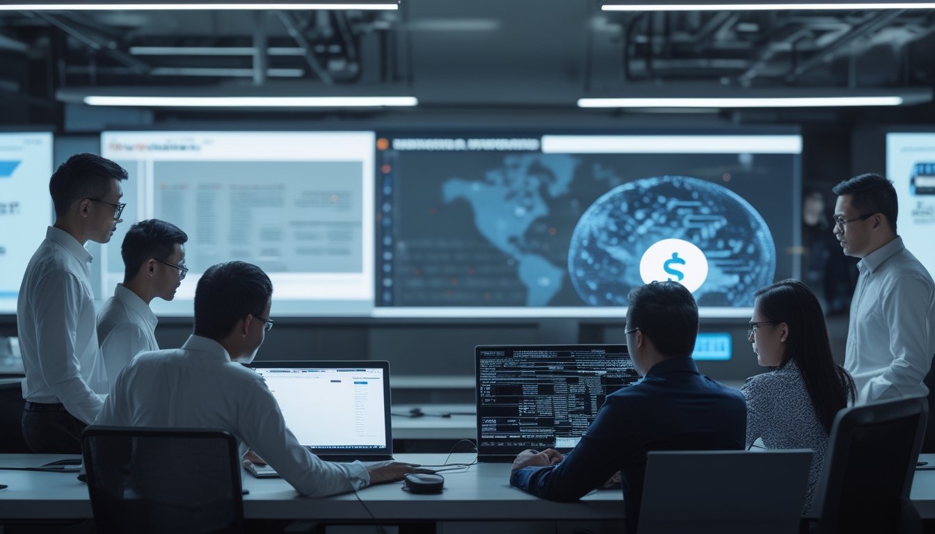 Petugas pemerintah Indonesia bekerja bersama memantau aktivitas digital di ruang operasi siber.