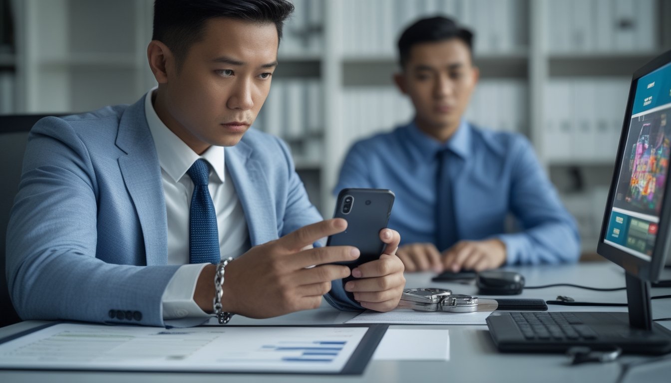 Penyidik memeriksa ponsel dan bukti digital di meja, sementara seseorang duduk di seberangnya.