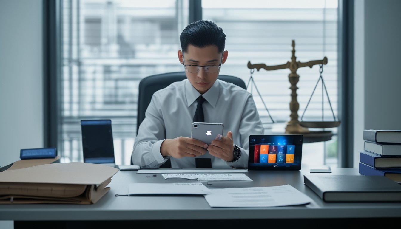 Penyidik menelaah ponsel dan laptop di meja kantor dengan berkas hukum.