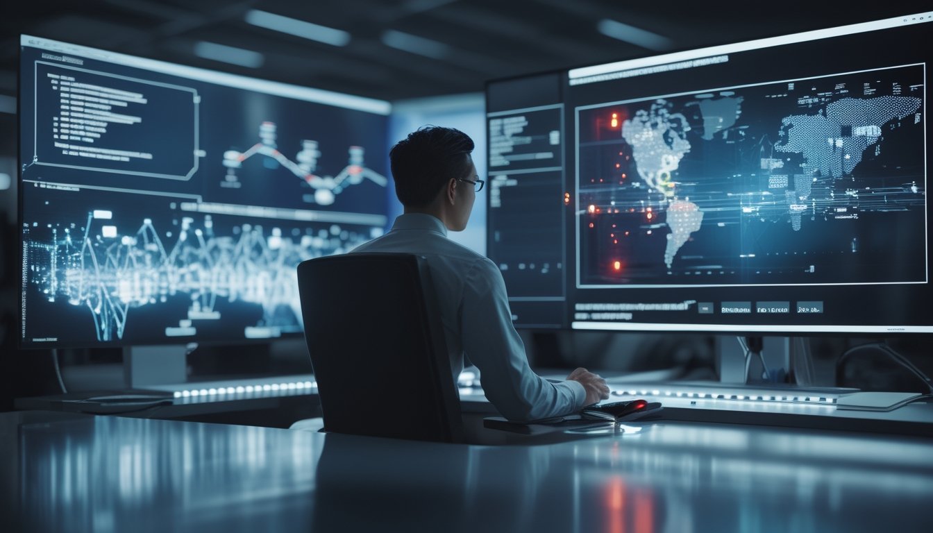 Analis keamanan siber memantau sistem otomatis yang memblokir lalu lintas situs judi online.