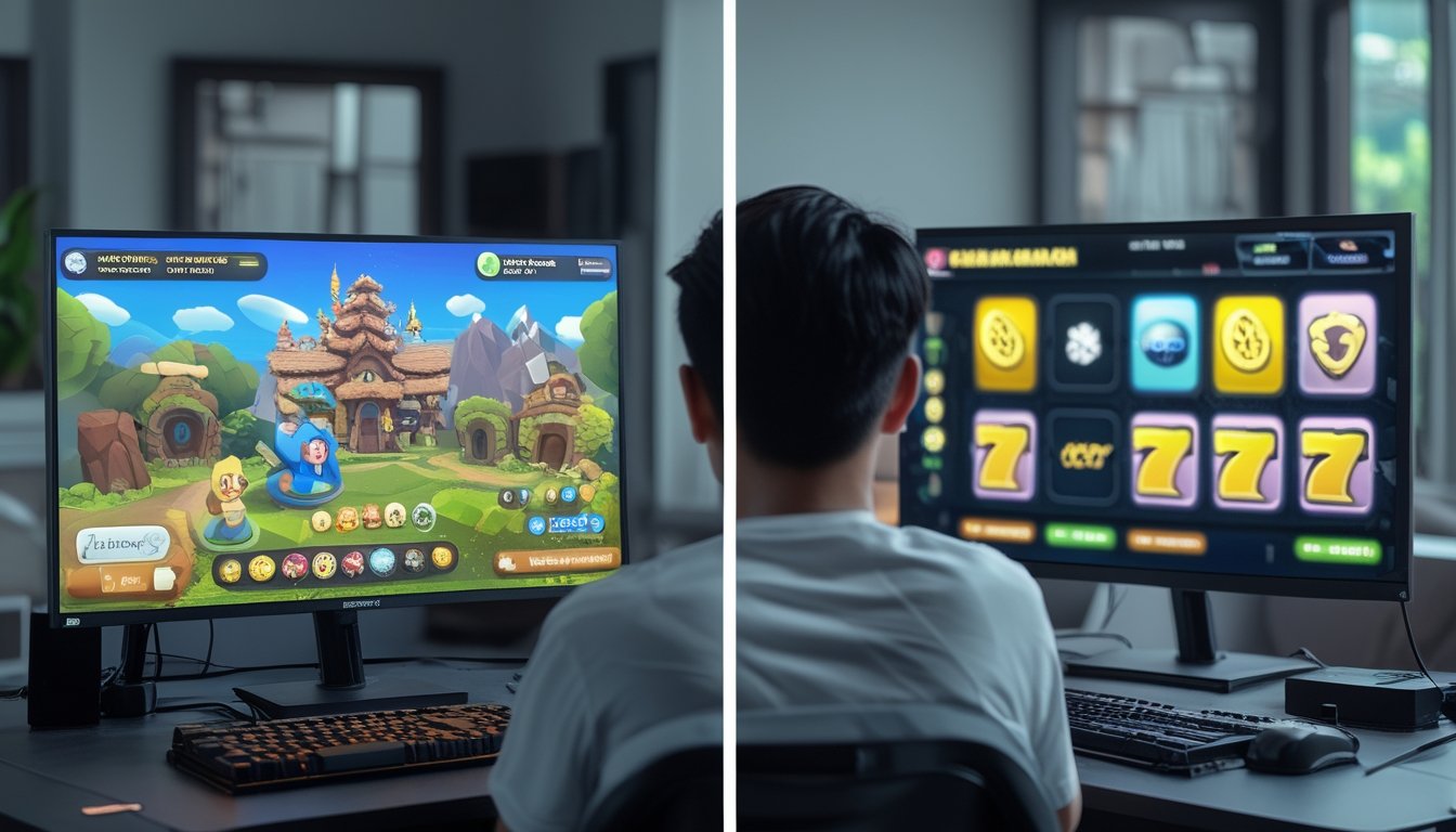 Seorang pemain membandingkan game petualangan daring dengan permainan bergaya kasino di dua layar.