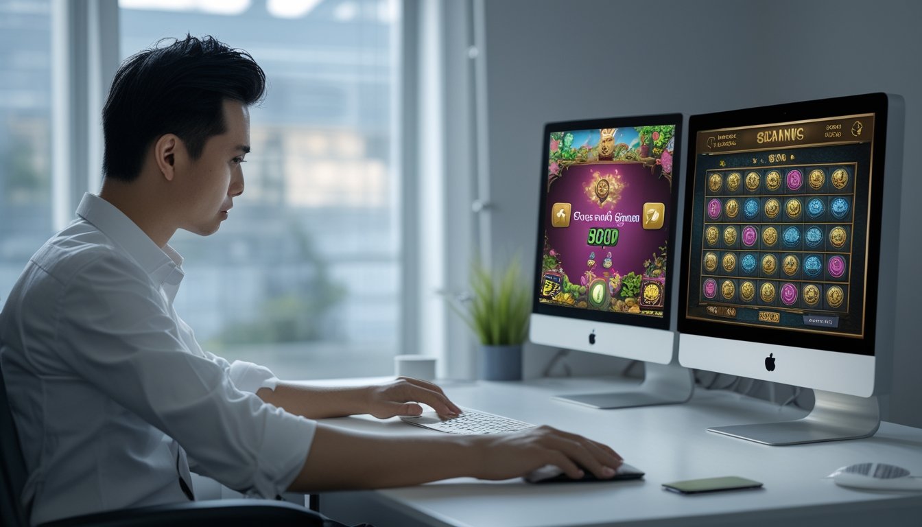 Seseorang membandingkan game daring berbasis keterampilan dengan permainan daring bergaya kasino di dua layar.