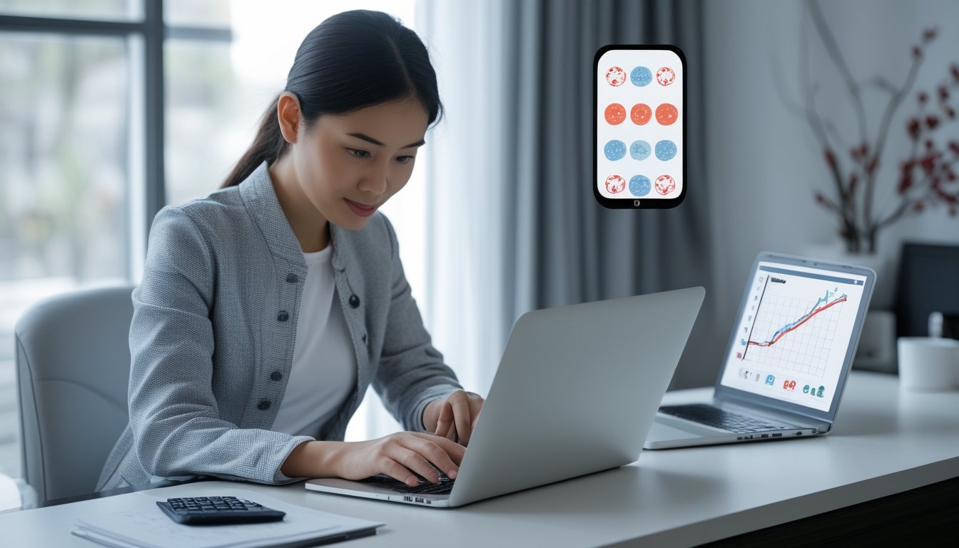 Seorang perempuan meninjau informasi keuangan di laptop dengan kalkulator dan catatan di mejanya.