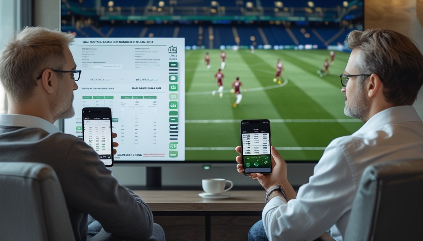 Dua orang menyaksikan pertandingan sepak bola, sementara satu orang mempertimbangkan pertandingan sebelum dimulai dan yang lain mengikuti jalannya pertandingan melalui ponsel.