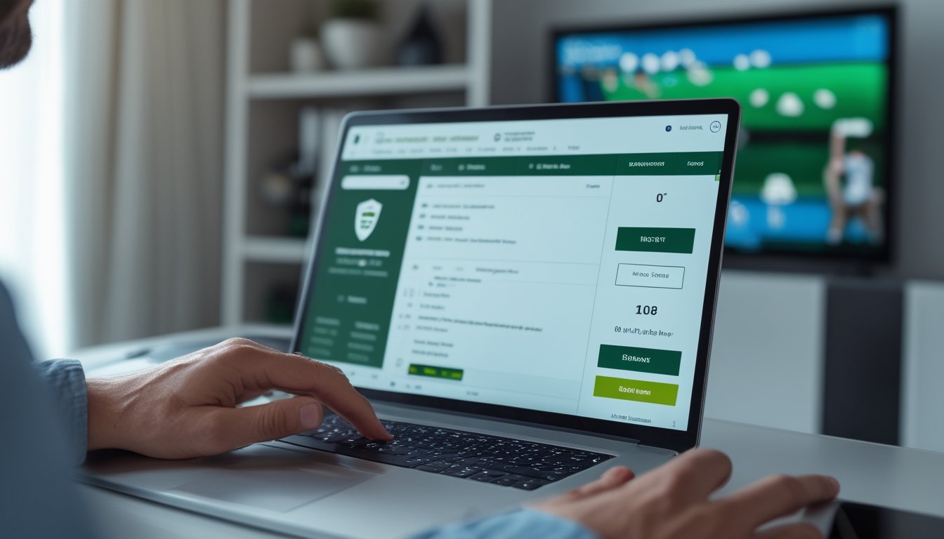Seorang penggemar olahraga membandingkan situs olahraga melalui laptop di meja.