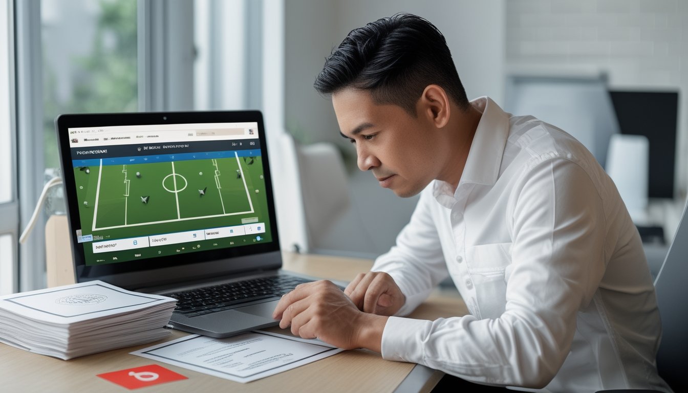 Seorang profesional Indonesia memeriksa laptop dan dokumen lisensi di meja.