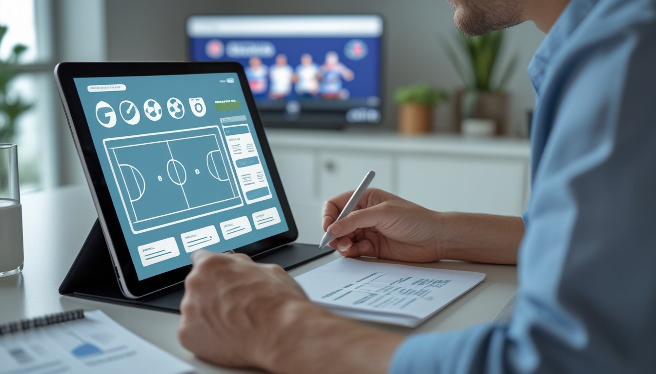 Seorang pemula mempelajari tampilan taruhan olahraga di tablet sambil menonton pertandingan sepak bola.