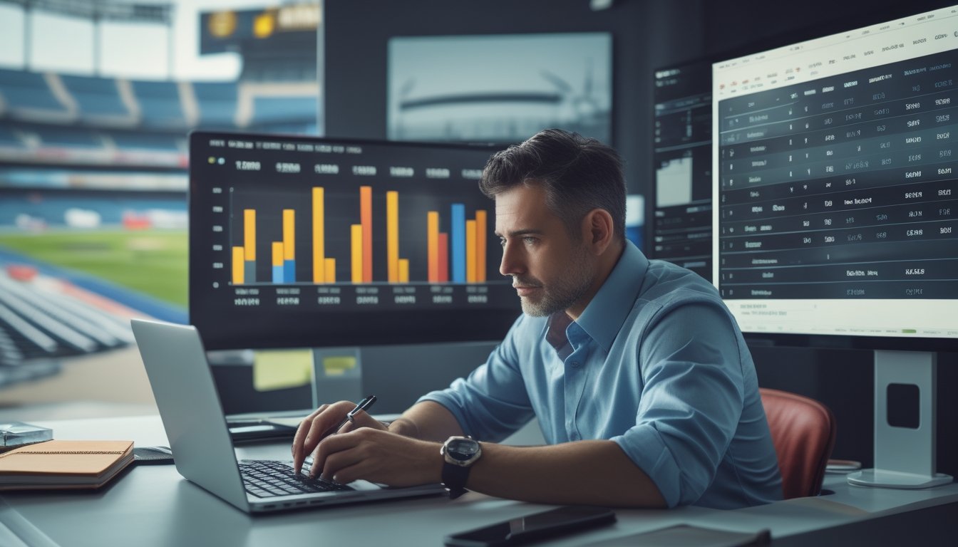 Seorang analis memeriksa statistik tim melalui laptop dan monitor di meja kerja.
