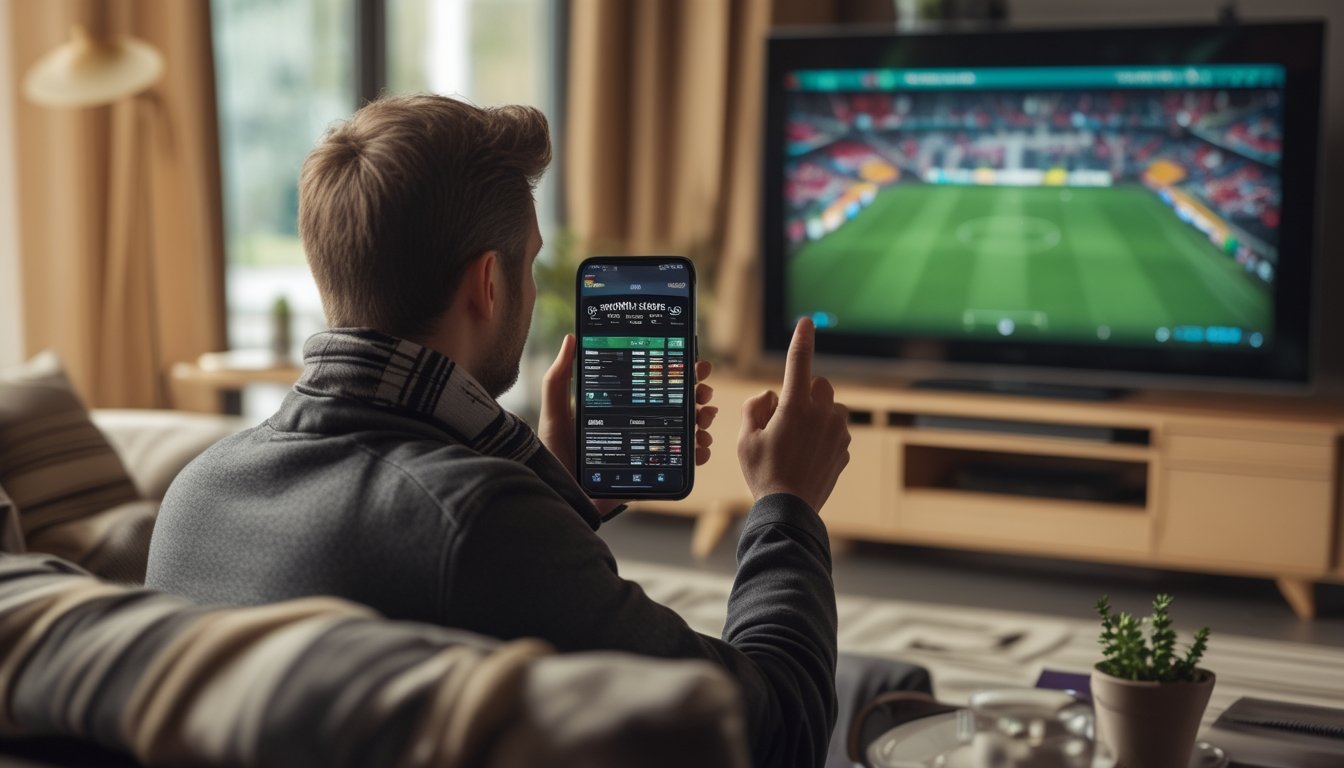 Seorang penggemar sepak bola dewasa membandingkan informasi di ponsel sambil menonton pertandingan di televisi.