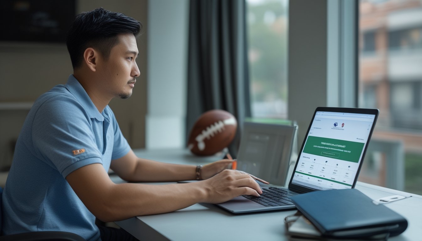 Penggemar sepak bola memeriksa situs taruhan di laptop sambil melihat ponsel di meja.
