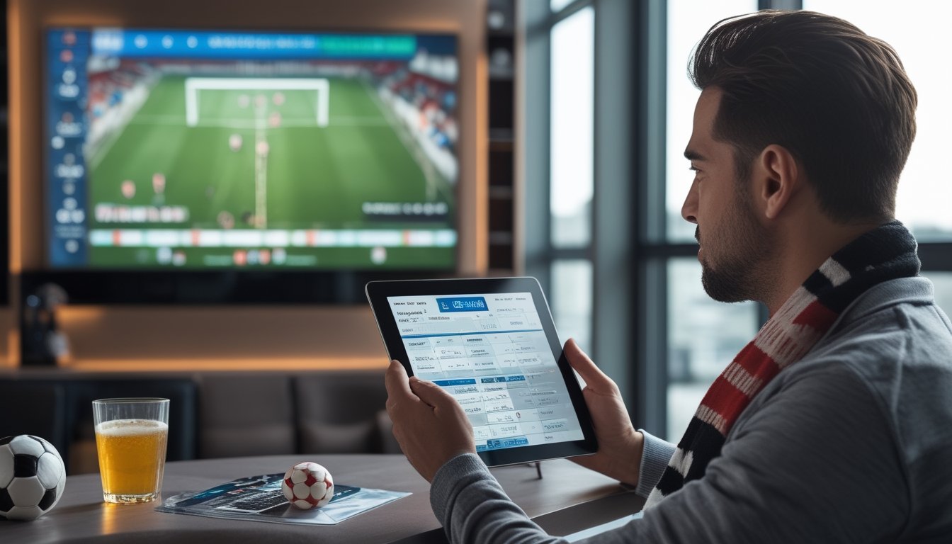 Seorang penggemar sepak bola melihat statistik pertandingan di tablet sambil menonton pertandingan di televisi.