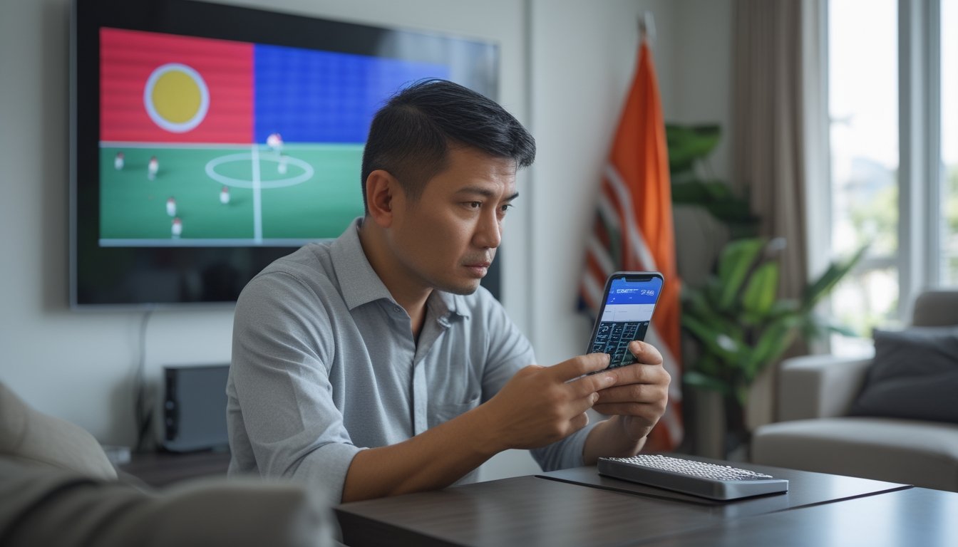 Seorang penggemar sepak bola Indonesia melihat ponsel sambil menonton pertandingan di televisi.