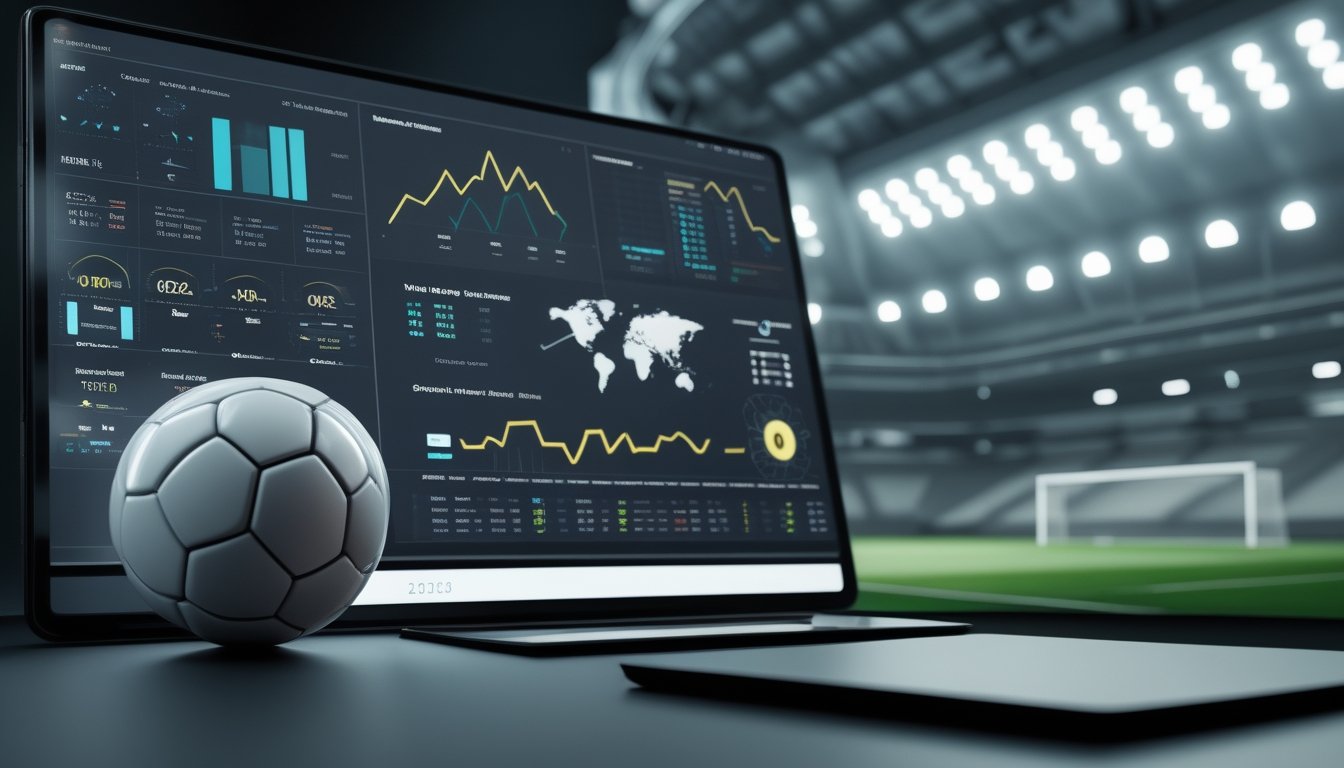 Bola sepak di meja analisis dengan layar berisi grafik pertandingan dan latar stadion.