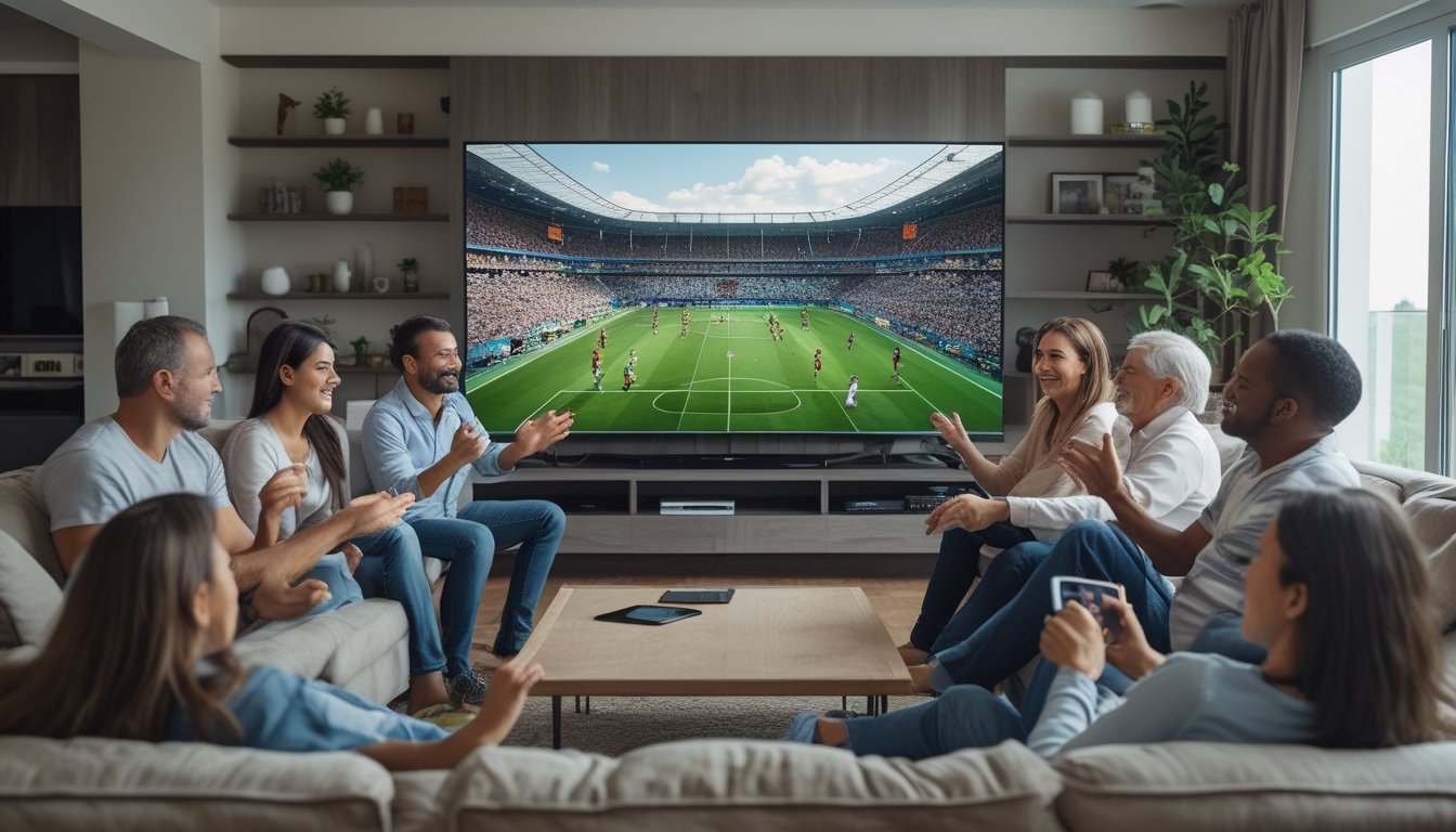 Sekelompok teman menonton pertandingan sepak bola di televisi.