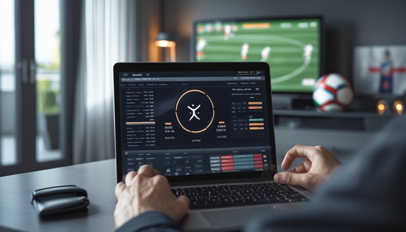 Seorang penggemar sepak bola melihat laptop dengan pertandingan di televisi di latar belakang.