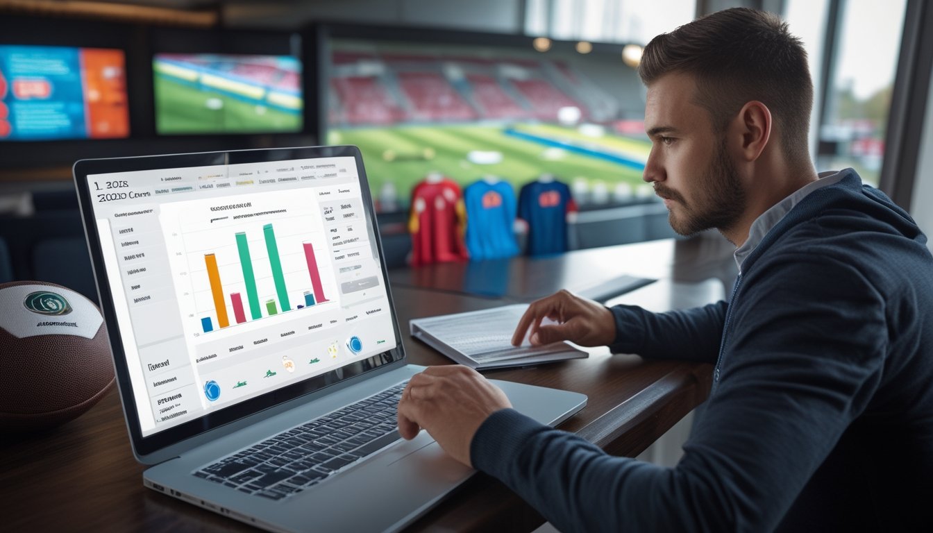 Seorang penggemar sepak bola menganalisis peluang juara di laptop di ruang santai bertema sepak bola.