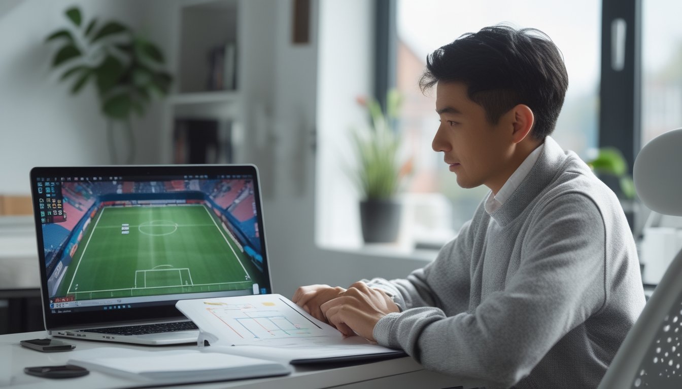 Seorang pemula mempelajari pertandingan sepak bola dan peluang taruhan melalui laptop di meja kerja.
