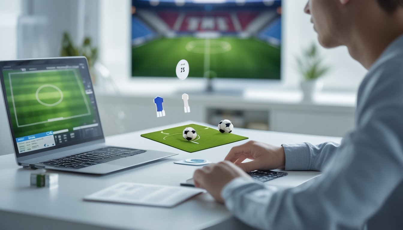Seorang pemula mempelajari pertandingan sepak bola dengan diagram sederhana di meja.