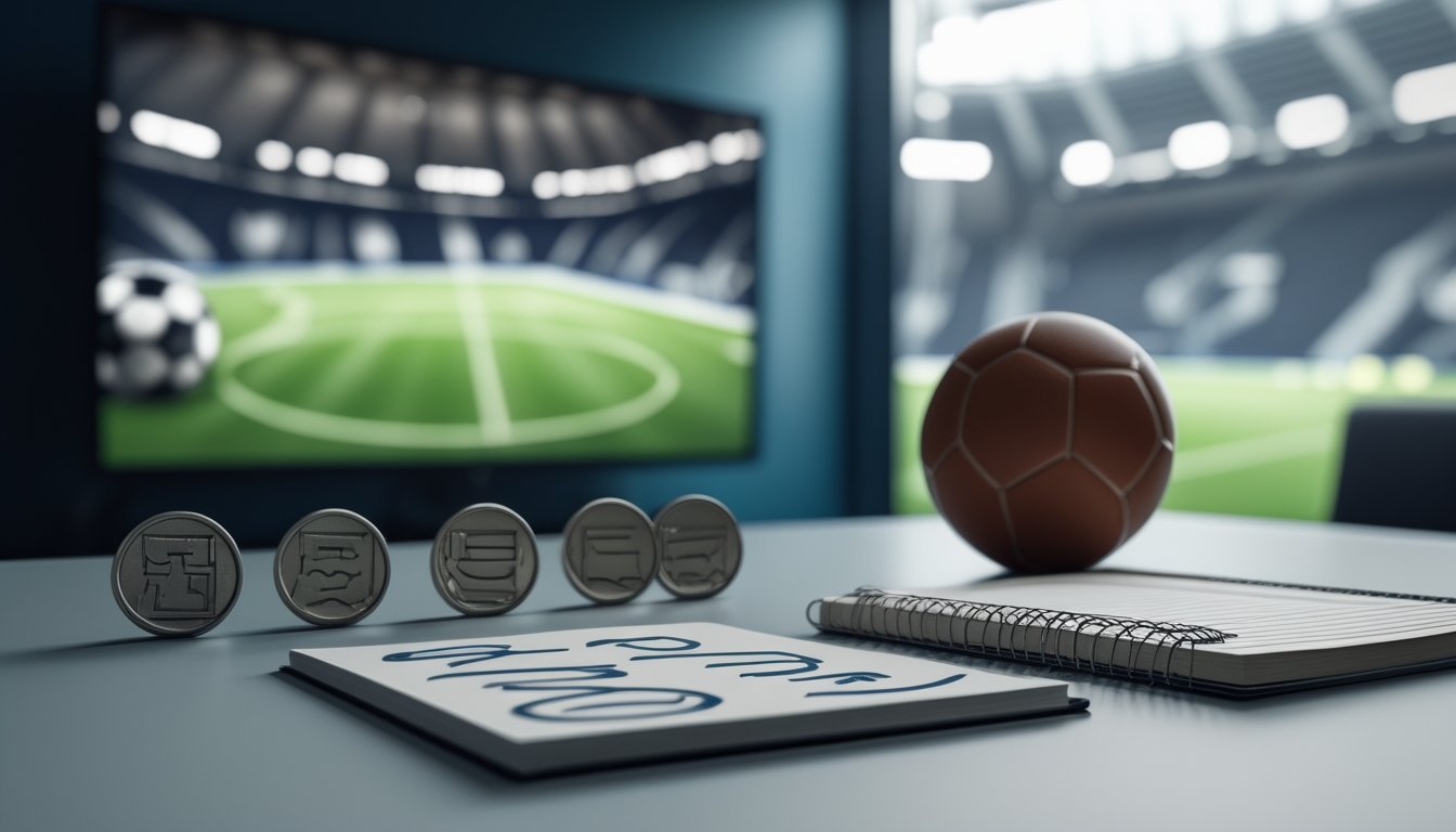 Bola dan beberapa penanda pertandingan sepak bola di atas meja.