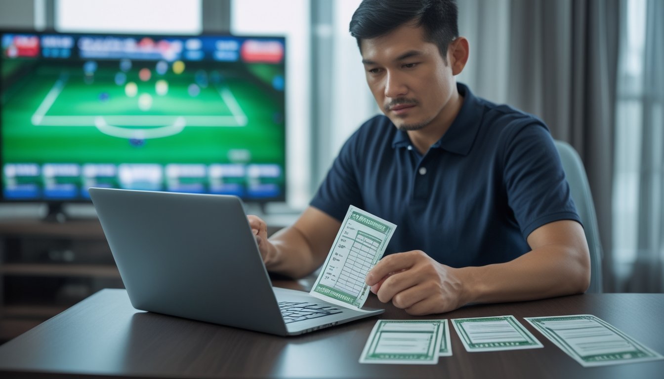 Seorang penggemar sepak bola membandingkan beberapa pertandingan di laptop dengan lembar taruhan di meja.