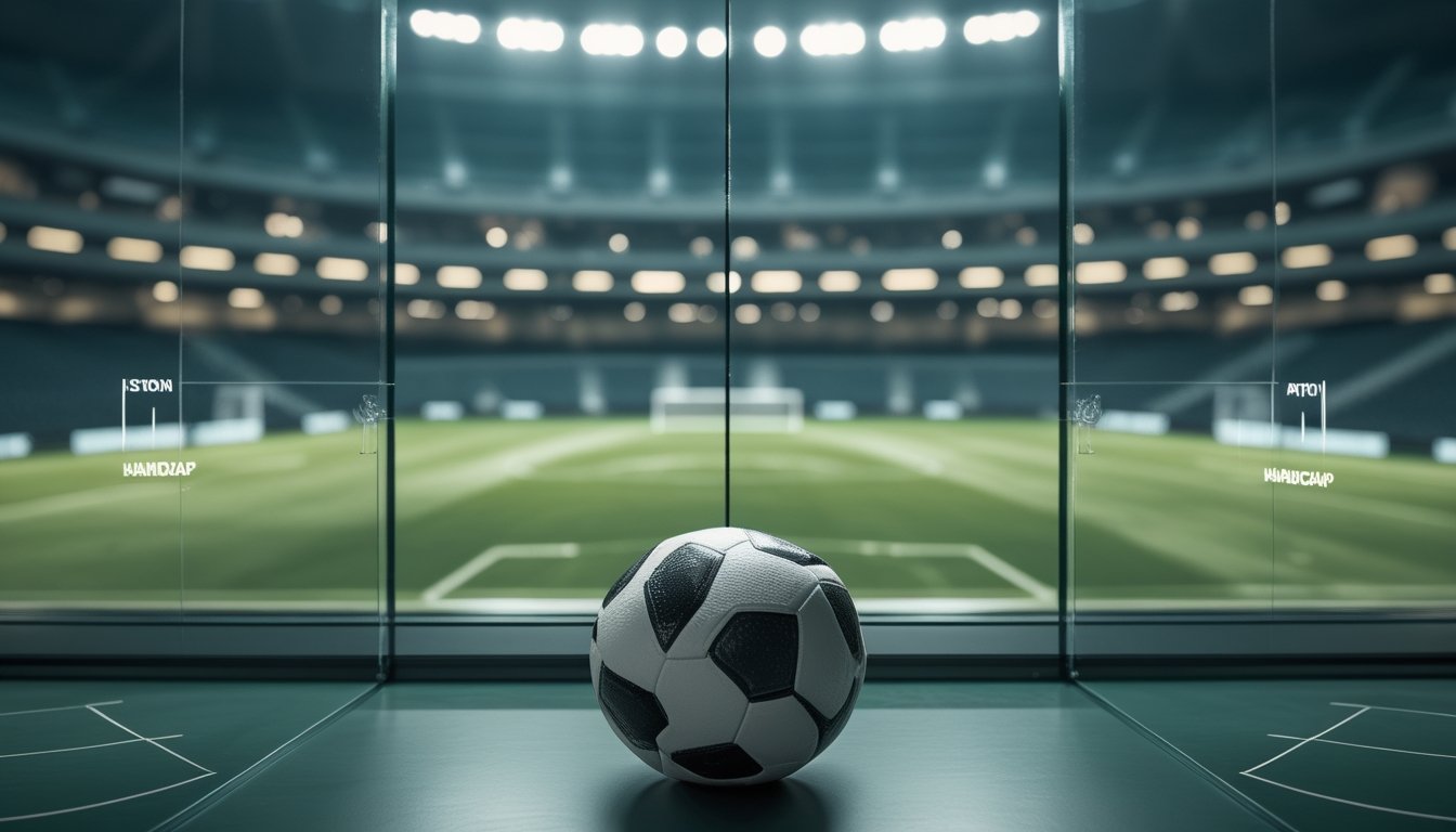 Bola dan diagram lapangan di depan stadion sepak bola, dengan dua panel analisis yang berdampingan.